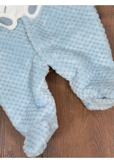 101 Dalmaçyalı Peluş Ayıcık Nakışlı Patikli Çıtçıtlı Kışlık Erkek Bebek Tulum Buz Mavi