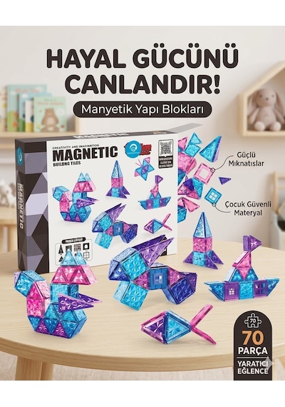 Manyetik Yapı Blokları Çocuklar İçin 3 Boyutlu Renkli Mıknatıslı 70 Parça Manyetik Blok Oyun Set