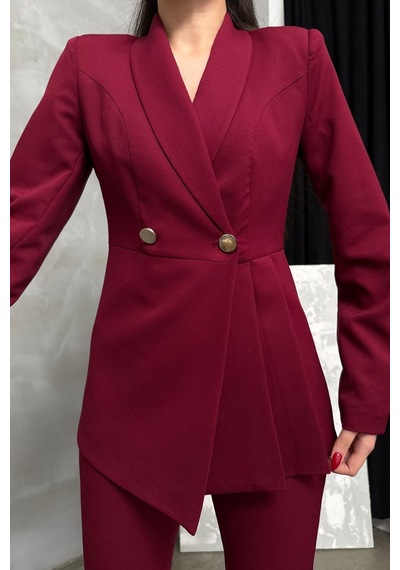 Msm Fashion Kadın İkili Blazer Ceket Pantolon Takım Pile Ve Düğme Detaylı Boru Paça Bordo Msm Fashion Kadın İkili Blazer Ceket Pantolon Takım Pile Ve Düğme Detaylı Boru Paça Bordo