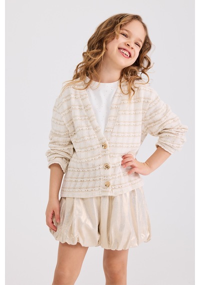 Panço Kız Çocuk Simli Ekru Triko Hırka 2611gk82003 Krem