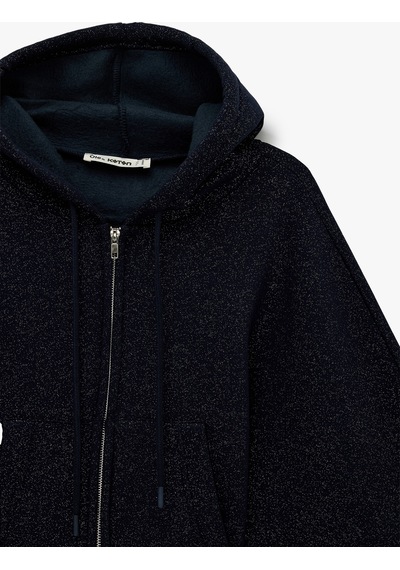 Koton Şardonlu Balon Kol Simli Kanguru Cepli Kapüşonlu Fermuarlı Oversize Sweatshirt Lacivert 6sal10620ık Lacivert