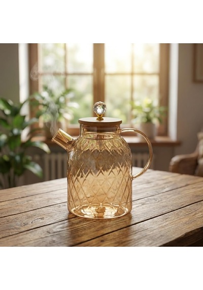 Deconox Lusterli Borosilikat Cam Sürahi - Isıya Ve Ateşe Dayanıklı, Bambu Kapaklı Ve Kristal Kulplu Şık Sürahi
