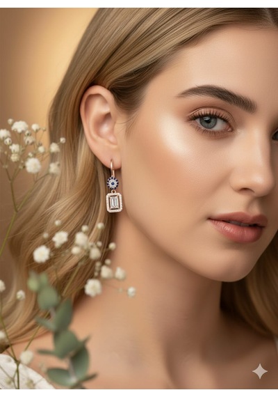 925 Ayar Papatya Silver Baget Taşlı Nazar Küpe.rose.gold.rodaj Gümüş