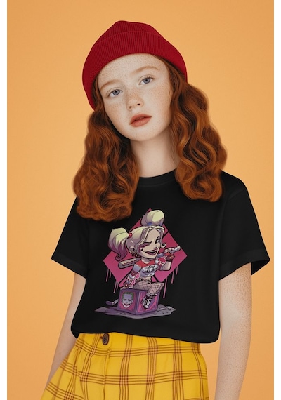 Sevbano Harley Quinn Joker Baskılı Unisex Film Karakteri Çocuk Tişört 1- Siyah