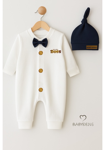 Babyden's Mini Boss Erkek Bebek Papyonlu Şapkalı Tulum Seti %100 Pamuk Hastane Çıkışı Lacivert