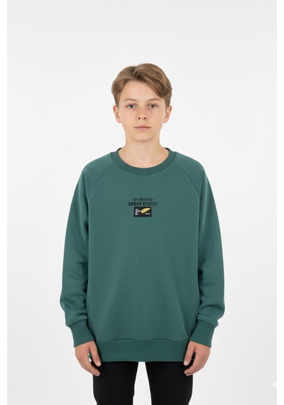 Kanguru Cepli Baskılı Detaylı Erkek Çocuk Sweatshirt-90885 Yeşil