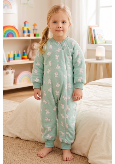 Babymod Tavşan Desenli 2,5 Tog Elyaf Dolgulu Premium Kalite 100% Pamuk Penye Astarlı Çocuk Uyku Tulumu Yeşil