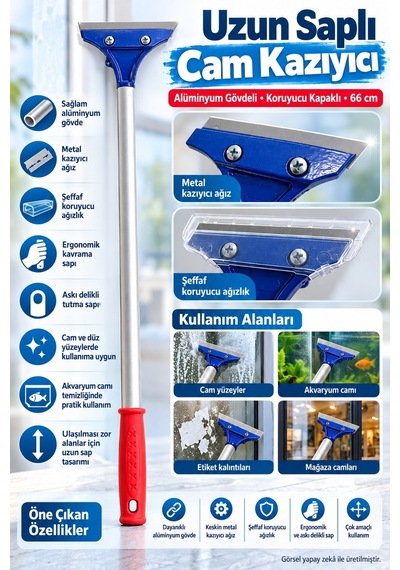 Uzun Saplı Yüzey Kazıyıcı Metal Bıçaklı Alüminyum Gövdeli Koruyucu Kapaklı Temizlik Aparatı 66 Cm