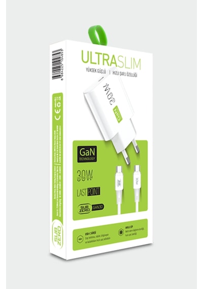 Sub Zero Gan30 Type-c To Type-c 30w Ultra Slim Akıllı Chip Şarj Aleti Beyaz