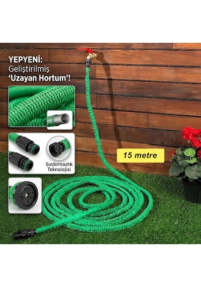 Forzacase 15 Metre Uzayan Bahçe Sulama Araç Yıkama Hortumu 7 Kademeli Başlıklı Tabanca - Fc1230