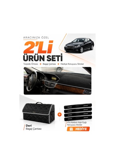 E-biz Mercedes W212 2010-2013 Uyumlu Torpido Örtüsü + Deri Bagaj Çantası Seti - Siyah-gri - Mb014