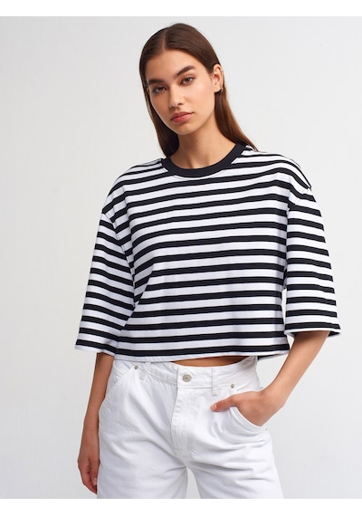 Dilvin Çizgili Bisiklet Yaka Crop Tshirt  Siyah