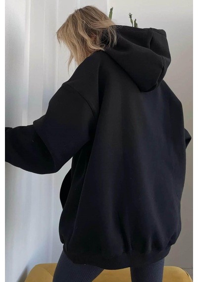 Koyu Siyah Kapüşonlu Şardonlu Oversize Sweatshirt Mg1566