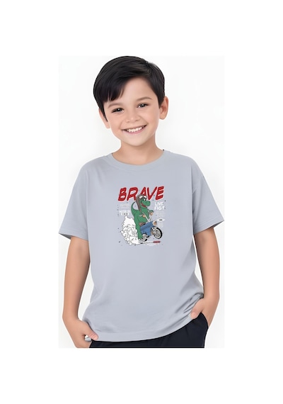 Panios Kids Brave Baskılı Erkek Çocuk Kısa Kollu Tişört Gri