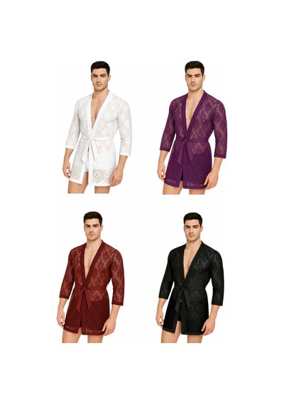 Qmen Style Erkek Dantelli Kimono Ve Sabahlık Siyah