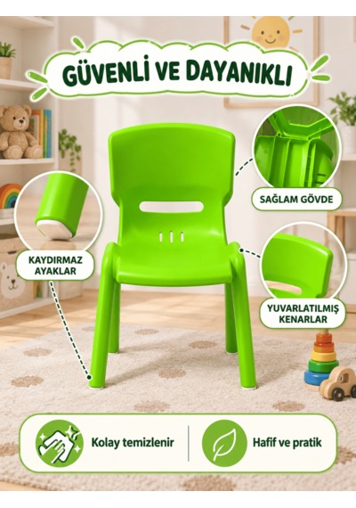 Beylini Çocuk Sandalyesi Anaokulu Kreş Kurs Mini Tabure Dayanıklı Rahat Plastik Yeşil