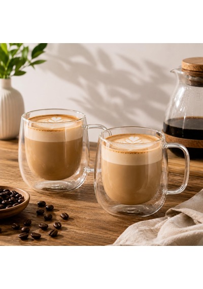 Çift Cidarlı Cam Kupa Bardak 250 Ml Isı Yalıtımlı Latte, Kahve Ve Çay Bardağı 2 Li Set Açık