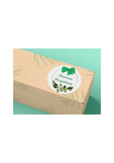 Kına Sticker Yeşil Fiyonk Yapraklar Kınamıza Hoşgeldiniz Mat Etiket 4 Cm - 40 Adet Çok Renkli