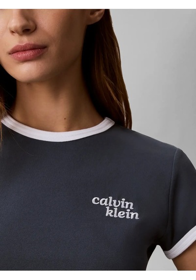 Calvin Klein Ss Slım Logo Rınger, Ceg Gri Kadın T-shirt