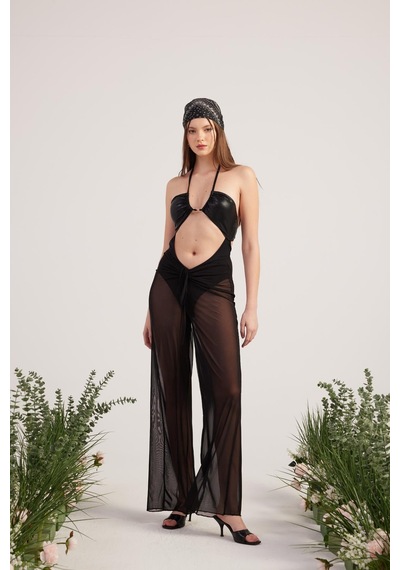 Holly Lolly Beli İp Detaylı Tül Pareo Shirred Pantolon Siyah