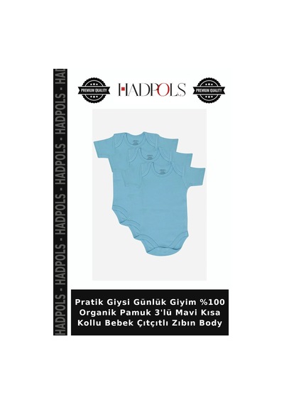 Hadpols Pratik Giysi Günlük Giyim %100 Organik Pamuk 3'lü Mavi Kısa Kollu Bebek Çıtçıtlı Zıbın Body