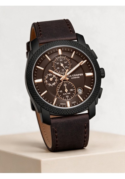 Lee Cooper Kahverengi Deri Kayış Kahverengi Kadran 42 Mm Yuvarlak Erkek Kol Saati, Bileklik Hediyeli Siyah