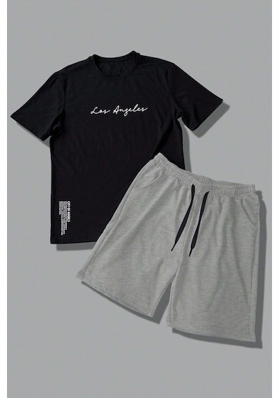 Uyguntarz Unisex Los Angles Detay Baskılı Şort Takım Siyah