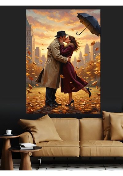 Ahşap Tablo Sonbahar Yaprakları Ve Romantik Çift