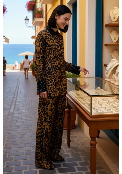 Benerly Kadın Leopar Desenli Jakar Dokuma Gömlek Pantolon Takımı Uzun Kol siyah