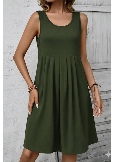 Dogutrend Kadın Askılı Yuvarlak Yakalı Önden Pileli Kısa Aerobin Elbise Yeşil