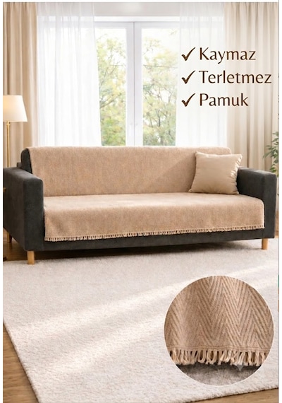 %100 Pamuk Kaymaz & Terletmez & Saçaklı & Yumuşak Koltuk Örtüsü-tek Ve Çift Kişilik Koltuklar İçin- 170 X 200 Cm Bej