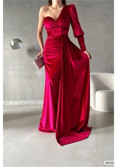 Lior Design Kadın İnce Kadife Kumaş Tek Omuz Kemerli Maxi Abiye Elbise Kırmızı