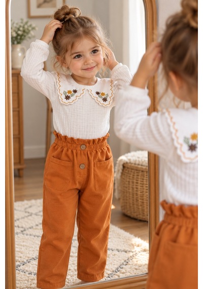 Babyhola 1-3 Yaş Kız Bebek Çocuk Çıtçıtlı Badi Pantolon Şık Alt Üst 2'li Takım Bayramlık 2327 Turuncu
