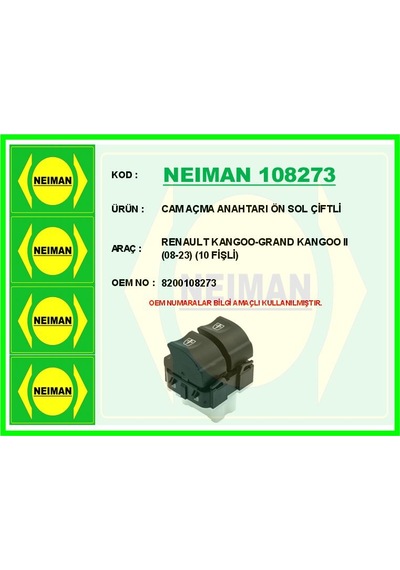 Bescher Cam Açma Anahtarı Ön Sol Çiftli Renault Kangoo-grand Kangoo Iı 08-23 10 Fişli Neıman 108273 8200108273