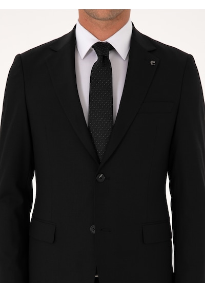Cacharel Siyah Slim Fit Mikro Desenli Mono Yaka Yün Karışımlı Takım Elbise
