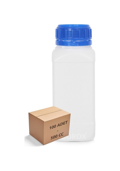 Borox Plastik Kare Şişe Mavi Kilit Kapaklı Sızdırmaz Numune Şişesi 100 x  500 ML