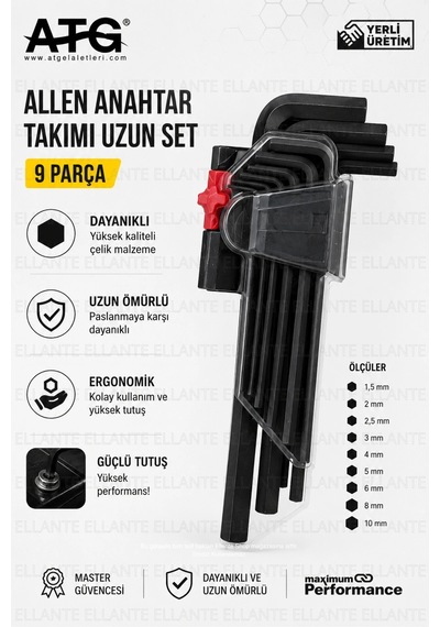 Atg Alyan Anahtar Takımı Uzun Set 9 Parça 1.5-10 Mm Alyan Seti 52 Hrc Çelik Profesyonel El Aleti