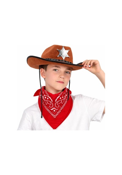 Çocuk Kovboy Şapka Rozetli Kahverengi Kırmızı Bandana Seti