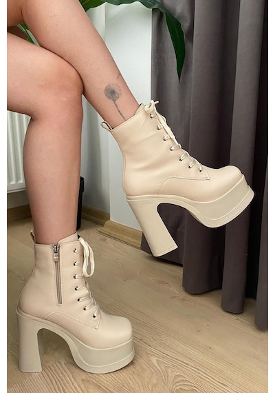Preshley Kadın Simya Krem Bağcıklı Detaylı 12 Cm Platform Topuklu Fermuarlı Bot Krem