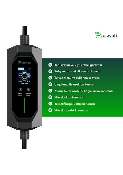 Coswatt Taşınabilir EV Şarj Cihazı CS-P1-32A / 7.4kW / 8m / Türkçe / 220V AC / Tip-2 / 3x32A CEE / Ev Tipi Dönüştürücü / Çanta