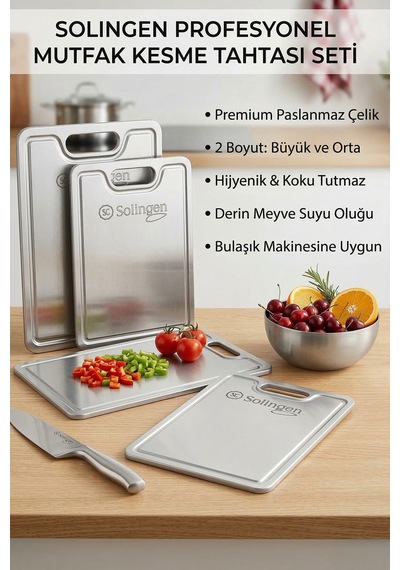 Solingen Paslanmaz Çelik Gıda Dostu Kesme Tahtası 2'li Set Parmak İzi Bırakmaz Inox