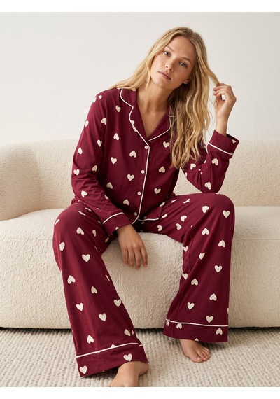 Siyah İnci Düğmeli Biyeli Oversize Pamuklu Örme Pijama Takım 8071 Vişne