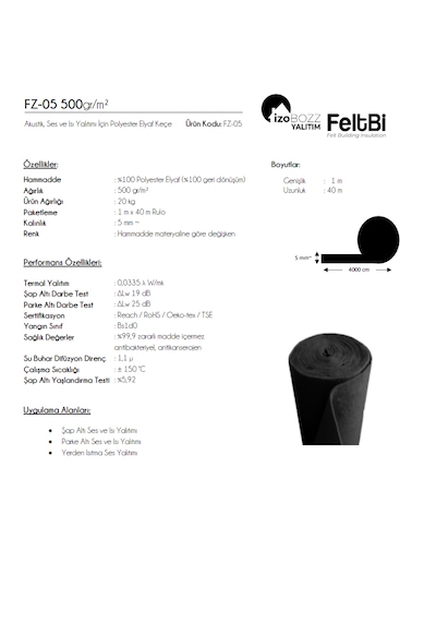 İzoBOZZ FeltBi 5mm 500 Gr/m2 Isı Ve Ses Yalıtımı Polyester Elyaf Keçe