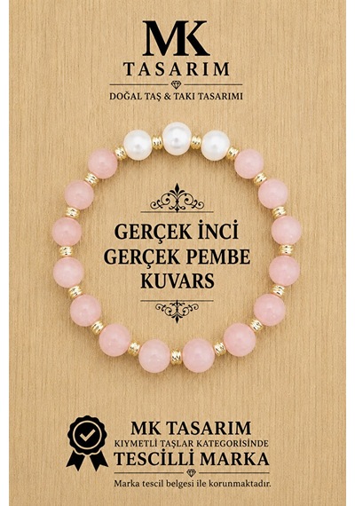 Gerçek İnci Gerçek Pembe Kuvars Bileklik Mk.7000.829- Rahatlık-dinginlik-enerji- Stres Bilekliği Çok Renkli