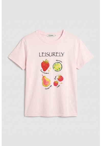 Kadın Pembe Meyve Baskılı Bol Kesim Tasarım T-shirt