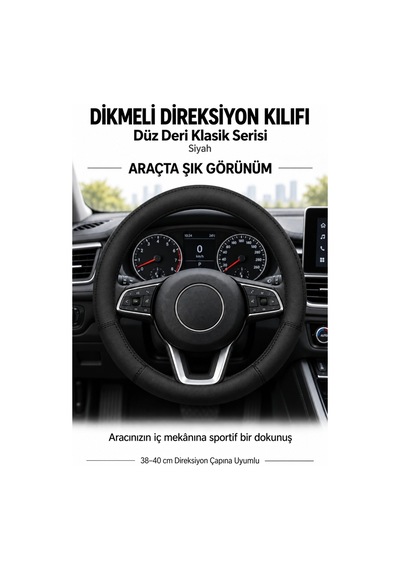 Trobus Renault Kangoo 2024 Ve Sonrası Uyumlu Dikmeli Direksiyon Kılıfı Düz Deri Klasik Siyah