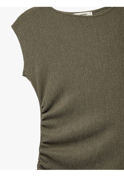 Koton Drape Detaylı Asimetrik Kesim Bisiklet Yaka Kolsuz Midi Elbise Haki 6sal80121ık Haki