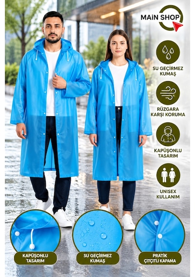 Mainshop Unisex Yağmurluk Kapüşonlu Çıtçıtlı Su Geçirmez Uzun Yağmurluk Kadın Erkek Mavi