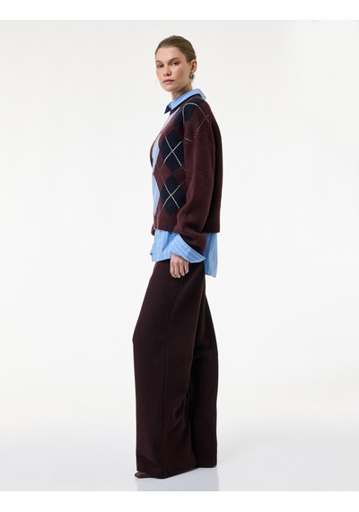 Koton Koton X Melis Ağazat - Regular Fit Uzun Geniş Paça Pantolon Bordo 6wak40121ek Bordo