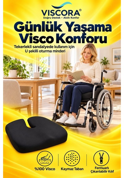 Tekerlekli Sandalye Minderi Visco U Şekilli Kuyruk Sokumu Destekli Kaymaz Oturma Minderi Siyah